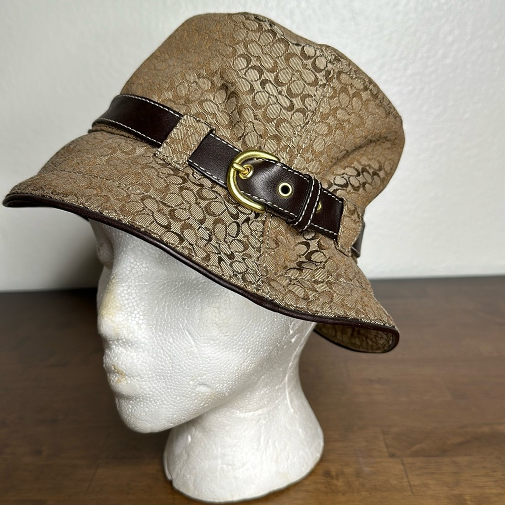 Vintage Coach Monogram bucket Hat With Leather Adjustable Strap, EUC